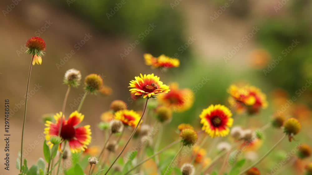 Close up view of yellow and orange flowers in the wilderness with a bee flying around. Close up view of yellow and orange flowers in the wilderness with a bee flying around.