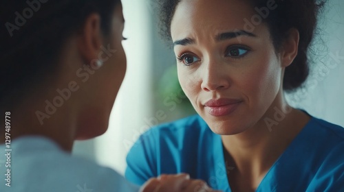 Doctor comforting patient, office background, empathy, healthcare
