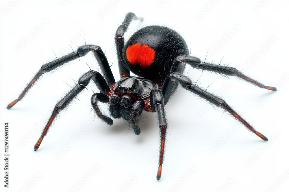 Obraz premium Close-up view of a spider with a striking red marking on its back, isolated on a white background