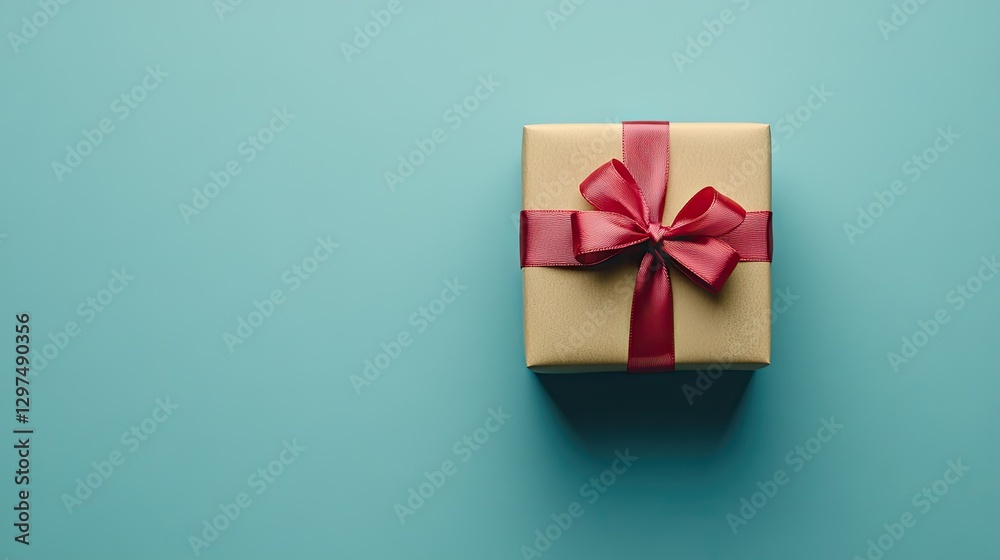 A neatly tied gift box with a red satin ribbon and bow, centered on a blue background with plenty of copy space, ideal for Christmas or birthday gift promotions. A neatly tied gift box with a red satin ribbon and bow, centered on a blue background with plenty of copy space, ideal for Christmas or birthday gift promotions.