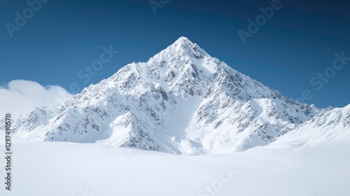 Snow-covered mountain peak rises majestically against a clear blue sky during a bright winter day.