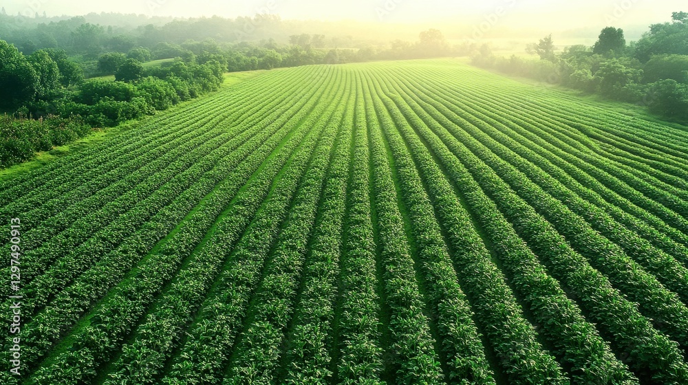 Lush green fields with rows of crops under soft morning light. Lush green fields with rows of crops under soft morning light.