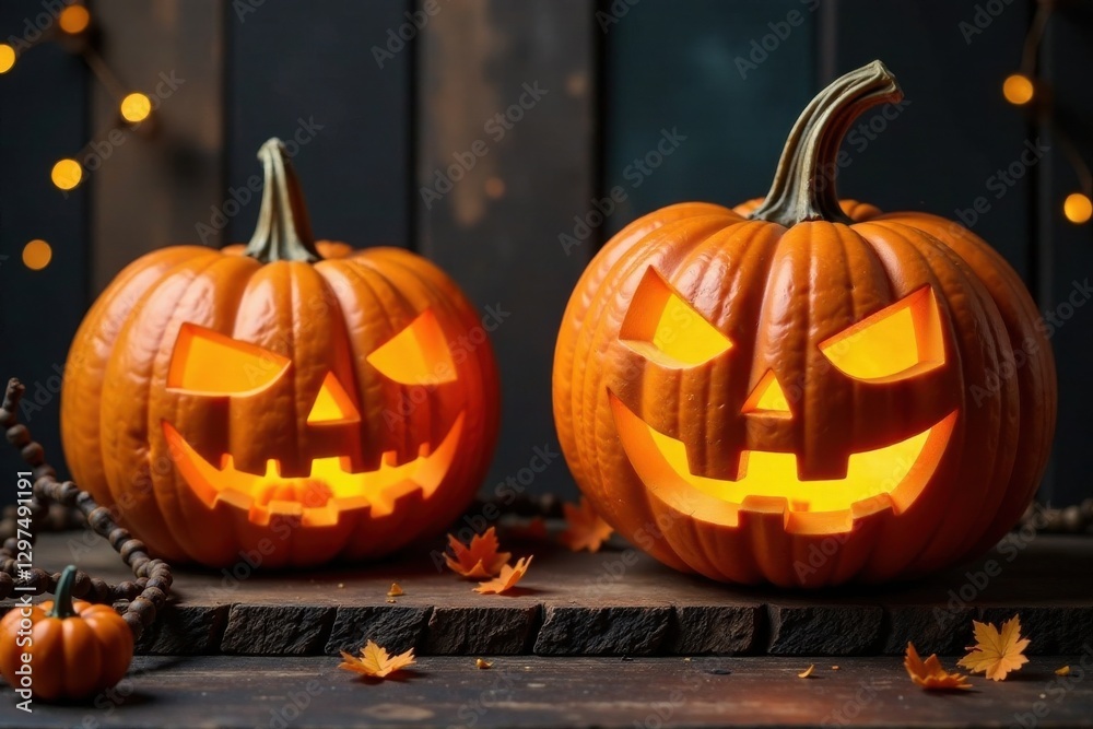 Obraz premium Large carved jack-o-lanterns on rustic wooden boards and vines, pumpkins, fall decor