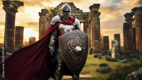 The war knight charged into battle, clad in shining armor and wielding a sword of justice.