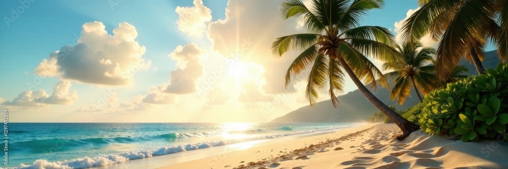 Obraz premium Palm trees sway gently in warm sunlight on sandy beach, tropical, palm trees
