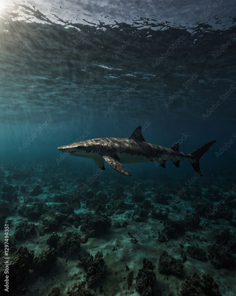 Fototapeta premium Starving Hammerhead Shark in Empty Ocean – Marine Ecosystem Collapse