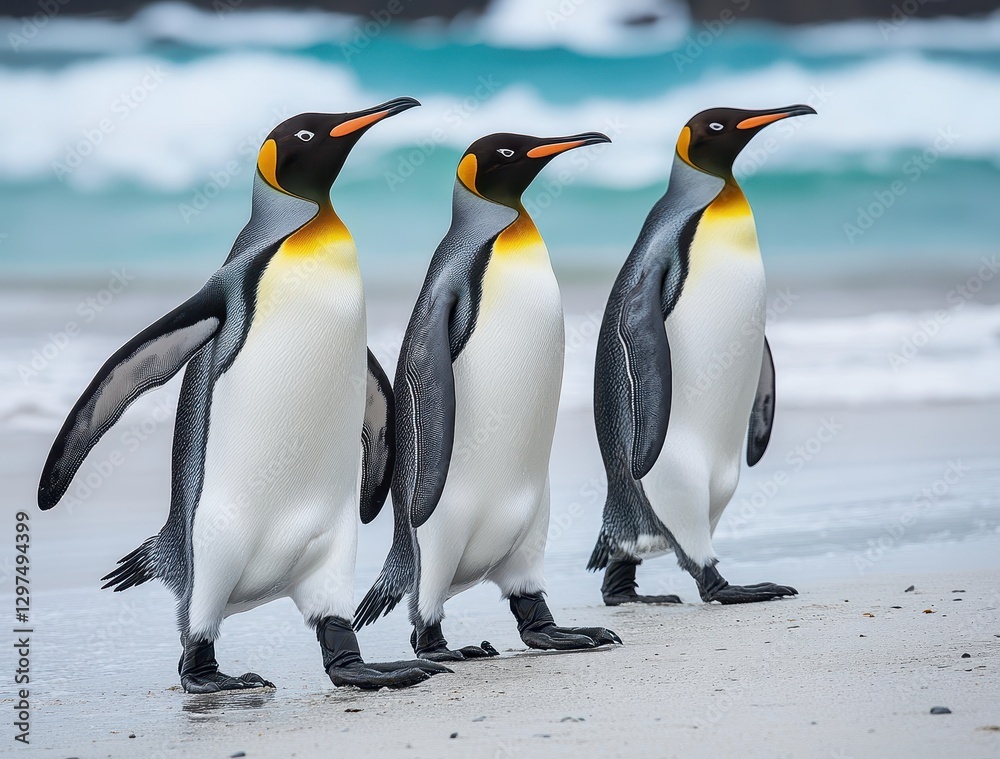 Fototapeta premium Three Adorable Penguins Walking Along a Sandy Beach with Turquoise Waves in the Background Under a Clear Blue Sky in a Natural Coastal Setting