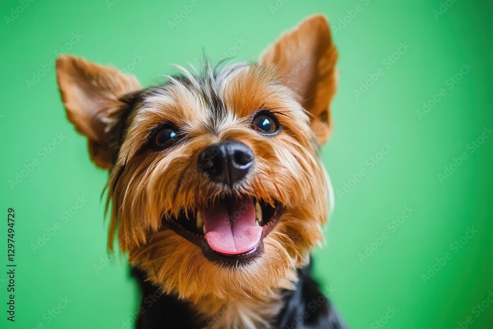 Happy small dog with a vibrant green background, showcasing joy and playfulness in a studio setting Happy small dog with a vibrant green background, showcasing joy and playfulness in a studio setting