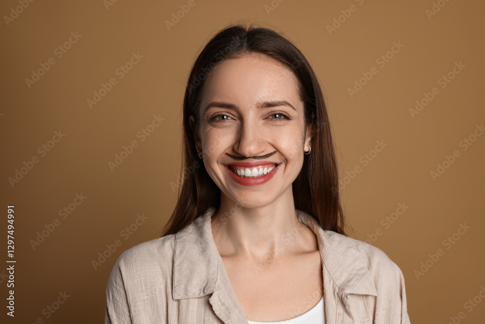 Happy woman with drawn mustache on brown background Happy woman with drawn mustache on brown background
