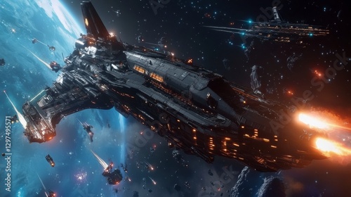 Space Armada's Ascent: A powerful space armada maneuvers through the cosmic expanse, with a fleet of futuristic spaceships, embodying the grandeur of space exploration and interstellar travel.