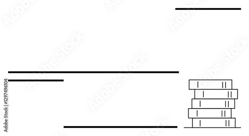 Pile of books beside clean horizontal lines arranged with geometric balance. Ideal for education, minimalism, organization, literature, study, writing, abstract line flat metaphor