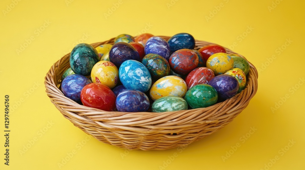 A high-angle view of a basket filled with colorful Easter eggs, arranged against a bright yellow background, emphasizing the festive and cheerful spirit of the holiday A high-angle view of a basket filled with colorful Easter eggs, arranged against a bright yellow background, emphasizing the festive and cheerful spirit of the holiday