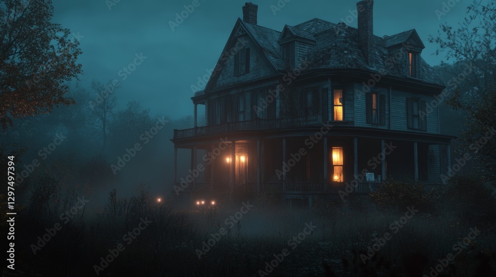 Fototapeta premium old house in the middle of the forest with fog