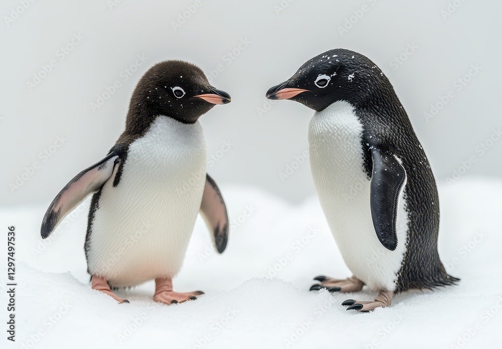 Obraz premium Two adorable penguins perched on snow, showcasing their distinctive black and white plumage, surrounded by a serene winter landscape in soft lighting