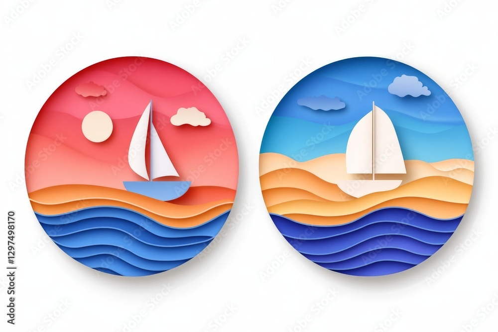 Naklejka premium Two circular ocean sunset illustrations with sailboats in a minimalistic artistic style evoking travel adventure and relaxation through a warm and balanced color palette