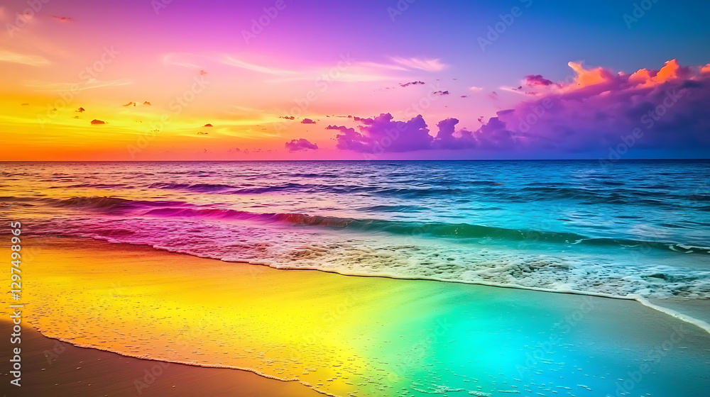 A colorful beach scene with a rainbow in the sky A colorful beach scene with a rainbow in the sky