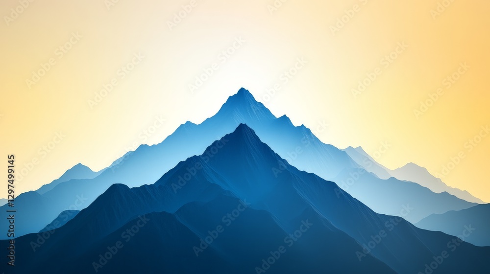 Fototapeta premium Blue toned layered mountain landscape illustration with a golden sky and atmospheric haze creating a vast depth effect for a serene and tranquil nature inspired digital artwork