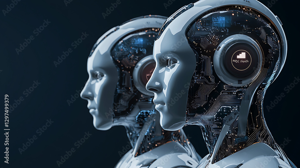 Fototapeta premium Two robots with human faces and ears stand side by side