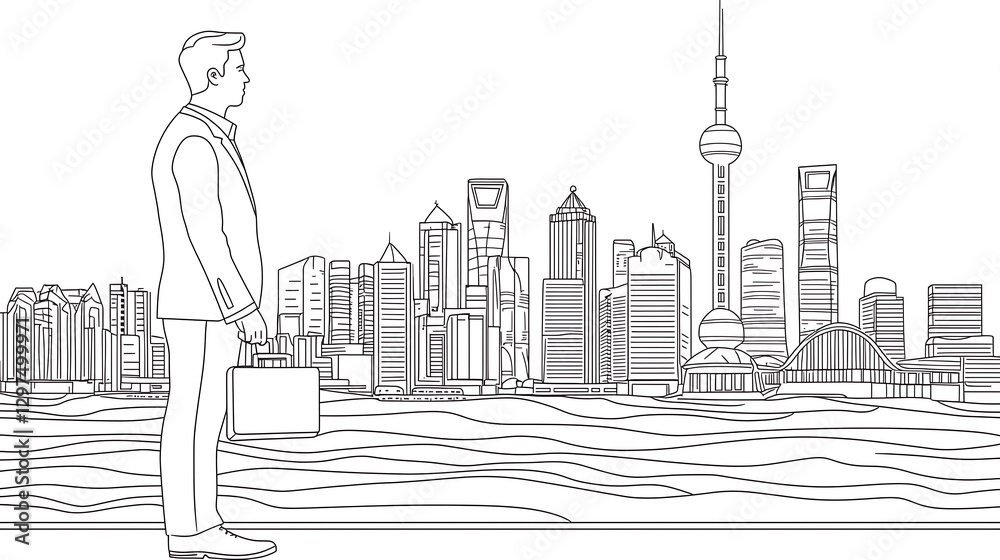 Fototapeta premium A man in a suit is standing on a pier looking out over a city