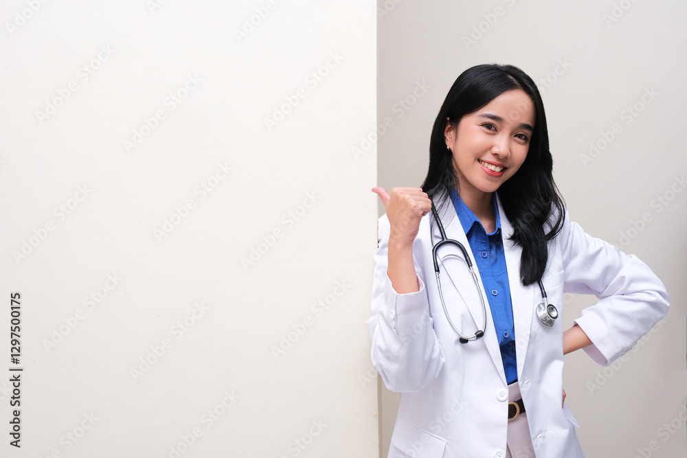 Young doctor leaning on the wall and pointing on it with happy face Young doctor leaning on the wall and pointing on it with happy face