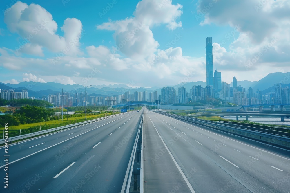 Sharp Image of Empty Highway with Cityscape and Skyline of Shenzhen,China Sharp Image of Empty Highway with Cityscape and Skyline of Shenzhen,China
