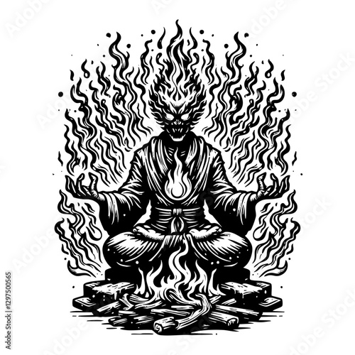 Satan with flame engraving black and white outline. Scratch board imitation.  illustrated in vintage line art style on a white background.
