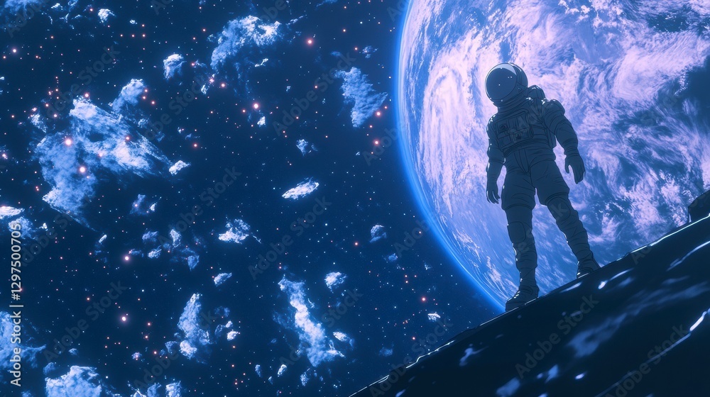 Obraz premium Cosmic Observer: An astronaut stands on a celestial body, gazing at a vibrant planet amidst a sea of stars, capturing the spirit of exploration and the vastness of space.