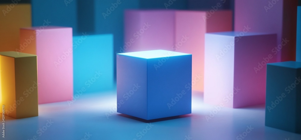 Glowing blue cube among pastel blocks. Abstract background, product display