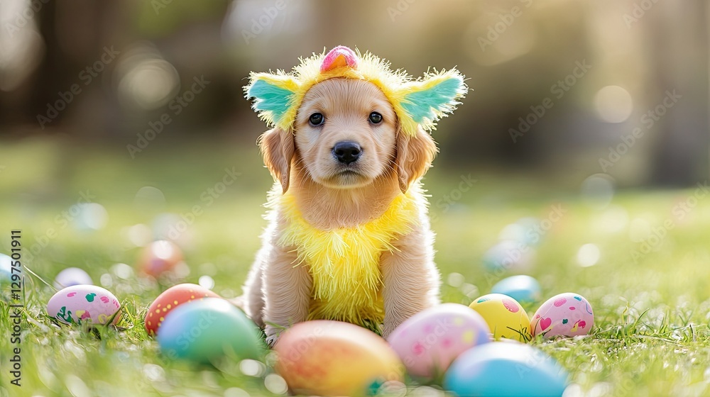 A puppy dressed in a colorful Easter chick costume with a yellow body and small wings, sitting on a grassy lawn surrounded by colorful Easter eggs A puppy dressed in a colorful Easter chick costume with a yellow body and small wings, sitting on a grassy lawn surrounded by colorful Easter eggs
