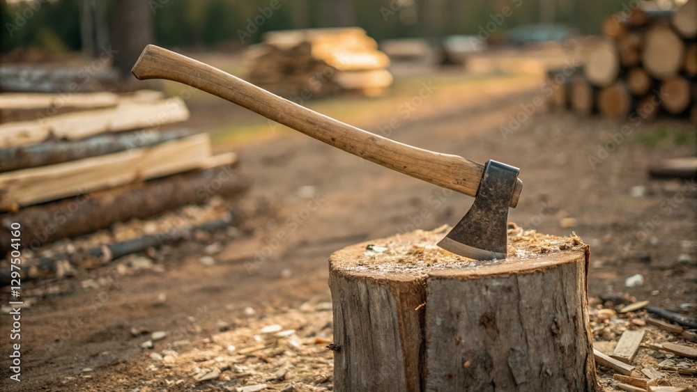 Axe handle and head detail, sticking out of a wooden stump with logs, showcasing tools and forestry work Axe handle and head detail, sticking out of a wooden stump with logs, showcasing tools and forestry work