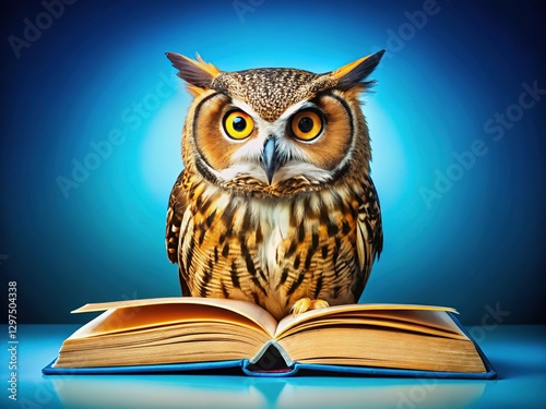Wallpaper Mural Owl and Book on Blue Background: A Symbol of Wisdom and Learning Torontodigital.ca