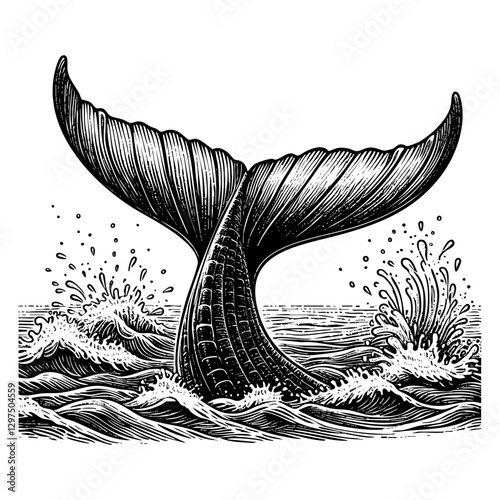 Whale tail engraving black and white outline. Scratch board imitation.  illustrated in vintage line art style on a white background.
