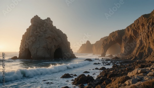 Wallpaper Mural Sunset waves crashing on rocky shoreline coastal area nature photography serene environment wide angle view tranquility Torontodigital.ca