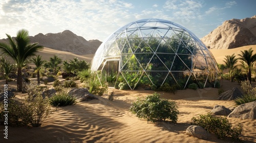 dome with plants inside in the middle of the desert