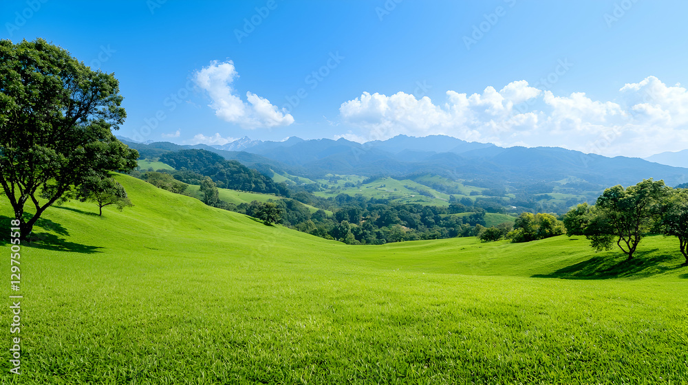 Fototapeta premium Lush green rolling hills and scattered oak trees under a bright blue sky with distant mountains.