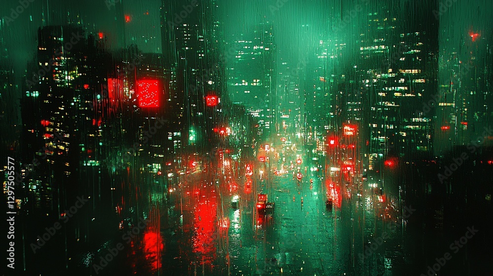 Obraz premium Rainy futuristic city at night, neon lights, green and red.