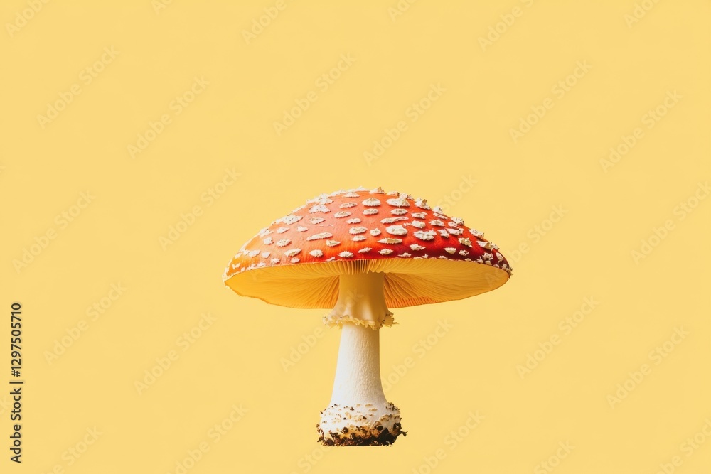 A vibrant red and white spotted mushroom stands alone A vibrant red and white spotted mushroom stands alone