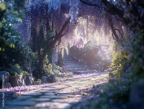 Wisteria Flower Tunnel in Full Bloom Under a Clear Blue Sky