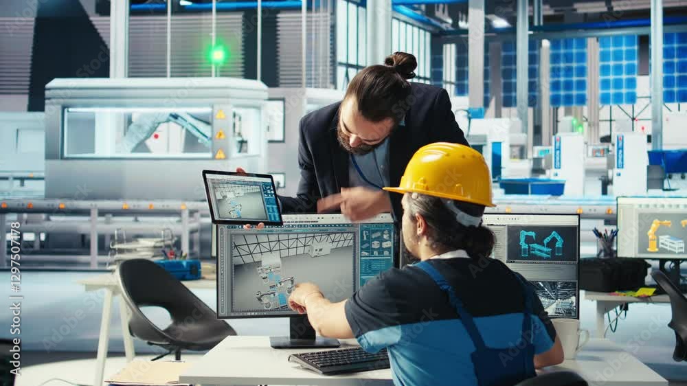 Assembly Supervisor Photovoltaics factory engineer working in CAD software, brainstorming ...