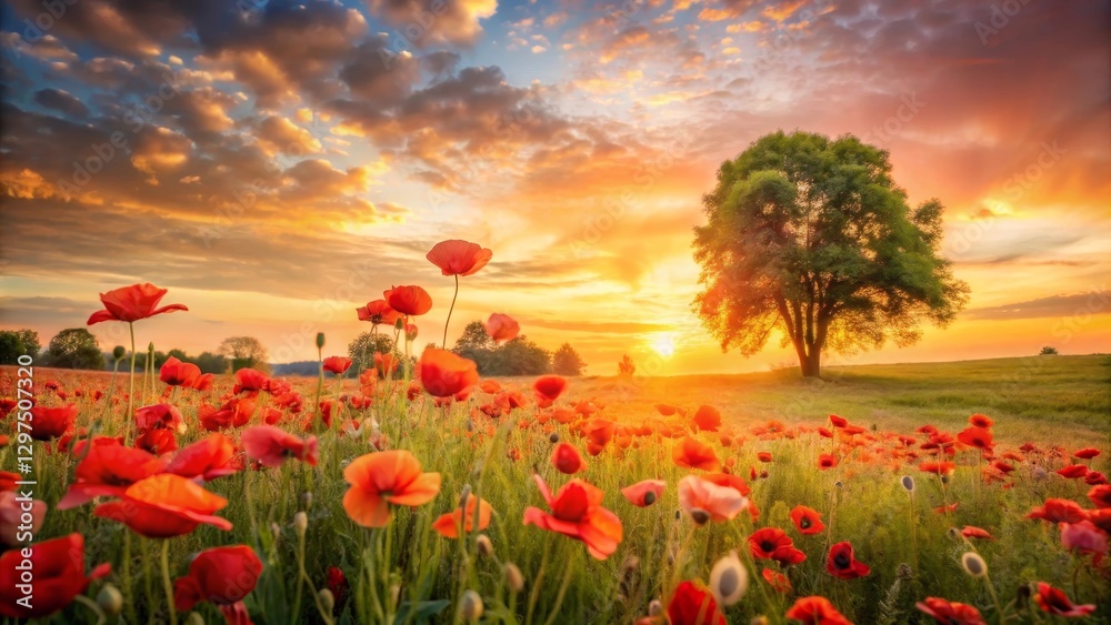Serene Sunset Landscape Featuring a Field of Vivid Red Poppies and a Solitary Tree Silhouetted Against the Golden Horizon Serene Sunset Landscape Featuring a Field of Vivid Red Poppies and a Solitary Tree Silhouetted Against the Golden Horizon