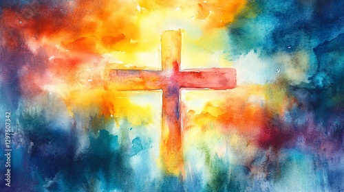 Abstract Watercolor Painting of a Cross, Symbol of Faith, Hope, and Redemption
