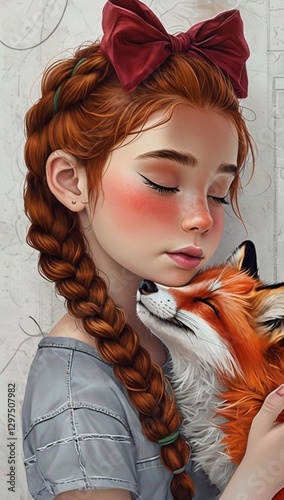 Dreamy girl with a red braid embracing a fox in a gentle fantasy style