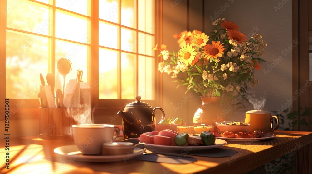 Sunny breakfast scene in anime style, featuring a warm, cozy setting with delicious foods and soft lighting, ideal for morning and lifestyle illustrations Sunny breakfast scene in anime style, featuring a warm, cozy setting with delicious foods and soft lighting, ideal for morning and lifestyle illustrations