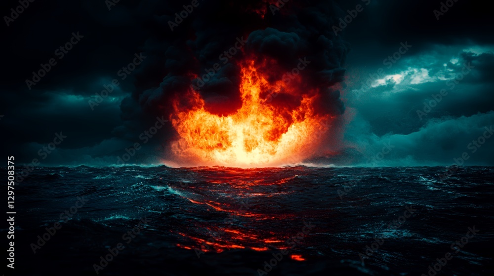 Fiery Explosion Over Dark Ocean at Night Fiery Explosion Over Dark Ocean at Night