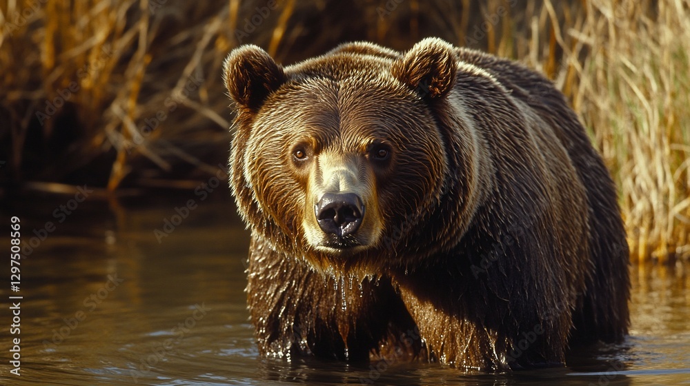 Grizzly bear wading, river, reeds, wildlife, nature Grizzly bear wading, river, reeds, wildlife, nature
