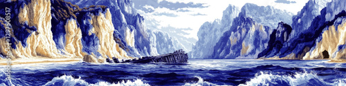 Stunning Vector Art of Rugged Ocean Cliff Landscape with Crashing Waves and Mysterious Shipwreck in Blue Tones Amidst Majestic Rocky Mountains and Cloudy Sky