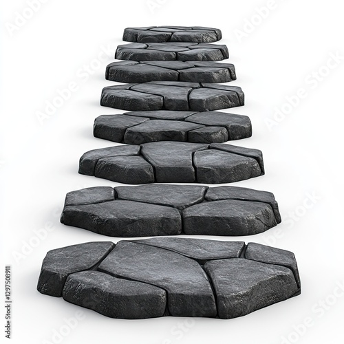 A perspective view of a pathway made of dark grey, irregularly shaped, stone slabs on a white background.