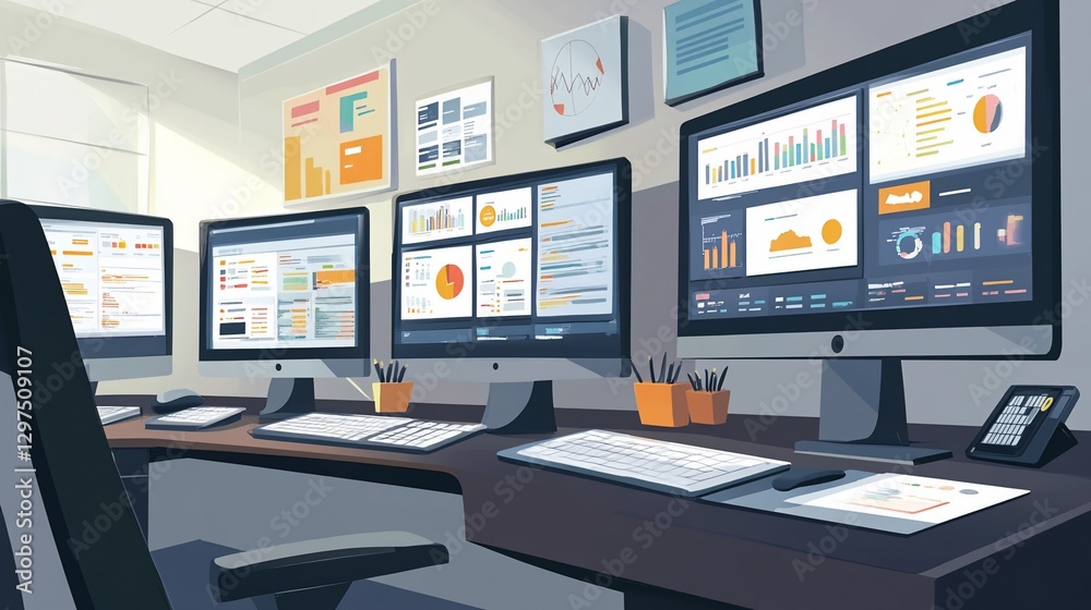 Naklejka premium Multiple computer screens displaying various charts and data visualizations in a modern office setting