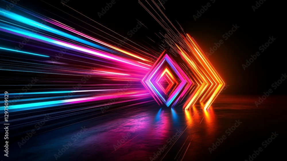 Fototapeta premium This striking composition features vibrant neon lights in pink, blue, and orange against a dark backdrop, creating an engaging and energetic atmosphere that captivates viewers instantly