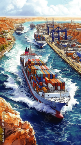Panoramic Vector Illustration of Cargo Ships Navigating Suez Canal with Shipping Containers and Cranes Along Bustling Industrial Ports Amidst Desert Landscape